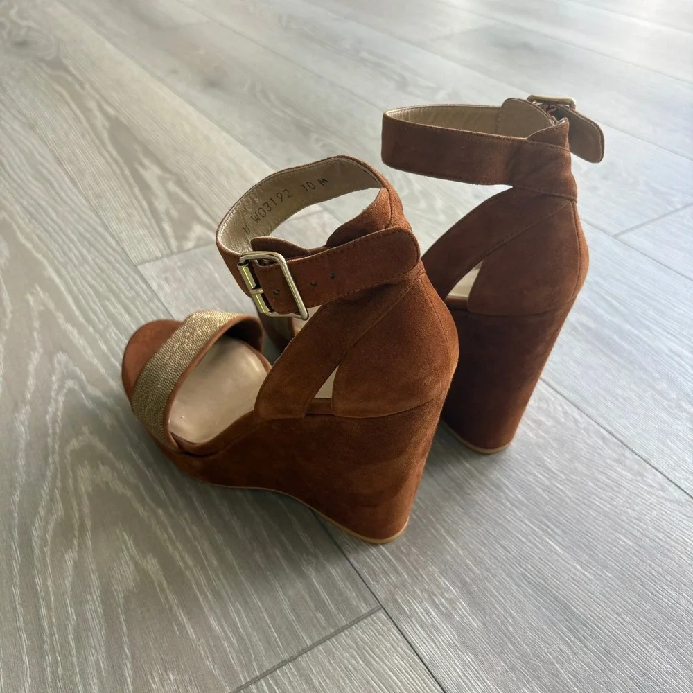 Stuart Weitzman Brown Suede Metallic Bead Wedge Sandals W03192 Womens 10 M